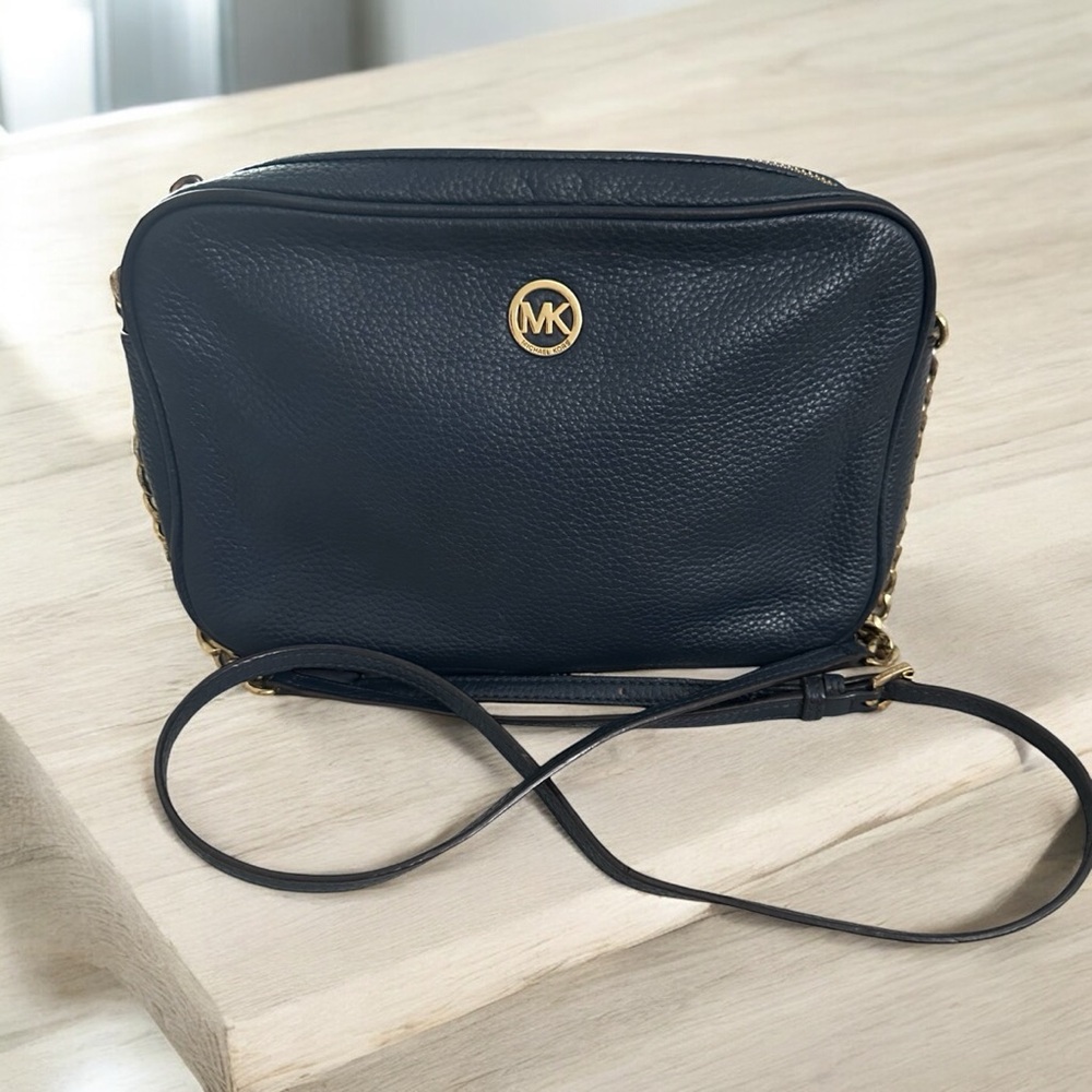 Michael Kors Dark Blue Fulton Crossbody with Gold Hardware